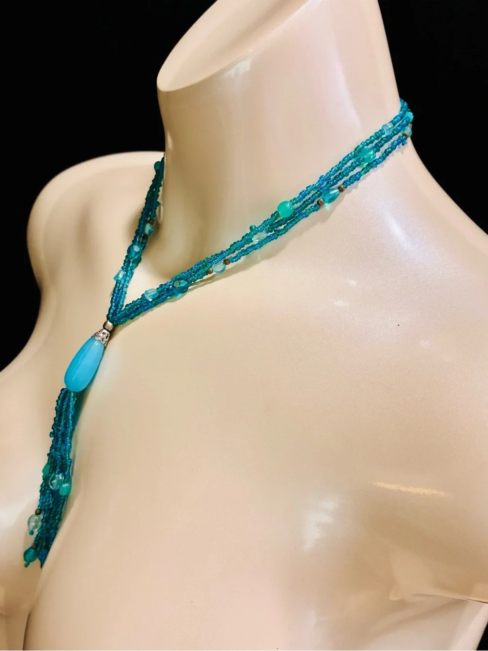 Aqua Blue Multi-Strand Tassel Necklace with Teardrop Pendant - Women Jewelry